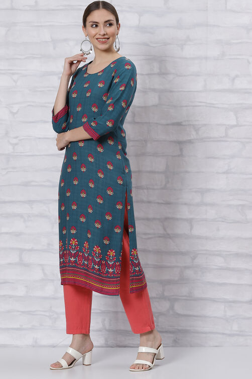 Green LIVA Straight Kurta image number 2
